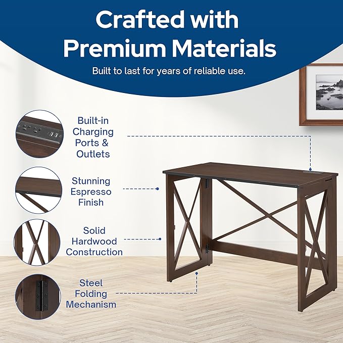 MECO Stakmore 110 Volt Stylish Versatile Expandable Folding Desk with Built in Outlets for Home Office Den or Living Room Espresso