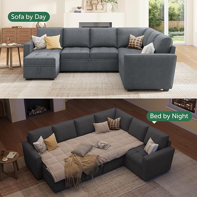 HONBAY Modular Sectional Couch with Pull Out Bed Sleeper Sofa with Storage U Shaped Modular Sectional Couches for Living RoomWarm Bluish Grey