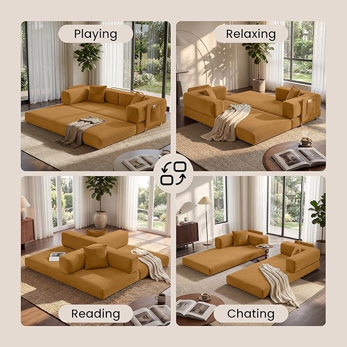 Belhome 78.8 Convertible Sofa Bed Futon Sofa Bed with Side Pocket Corduroy Pull Out Futon Sofa Boneless Couch for Living RoomsNo Assembly Required Yellow