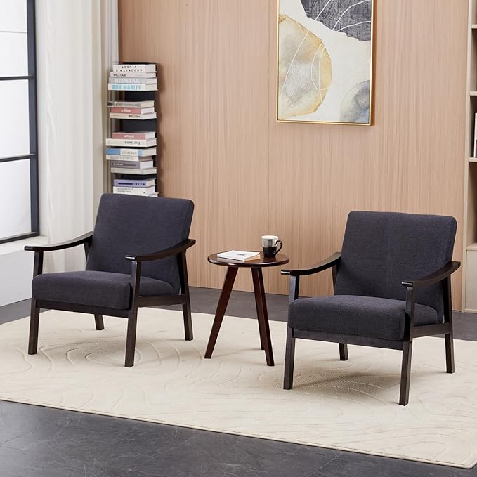 Mid Century Modern Accent Chair with Solid Wood Legs Comfy Leisure Reading Chairs for Living Room Lounge Seat Arm Chair for Office Bedroom (Antique Black)