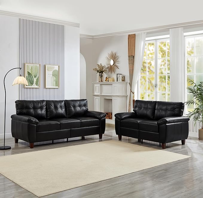 2+3 Seat Modular Sofa Set Faux Leather Sectional Couch with Deep Seats &amp Wide Armrests Mid-Century Tufted PU Upholstered Sofa Set for Living Room Apartment Office Vintage Storage Couch Black