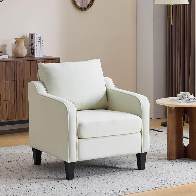 Accent Chair for Living Room Modern Linen Fabric Upholstered Armchair Comfy Reading Chair for Bedroom Mid Century Single Sofa Chair with Solid Wood Legs for Apartment Office Beige
