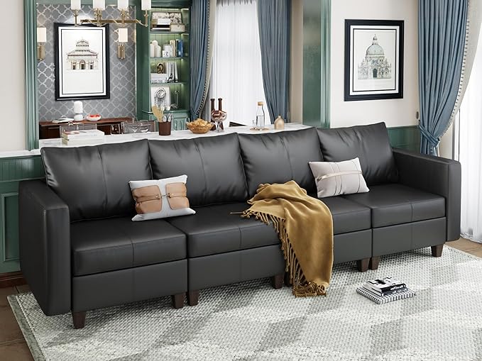 EASE MOOSE Modular Sectional Couch with Storage Seats 4 Seat Faux Leather Convertible Modular Sofa Sectional Sofa Couch with Reversible Chaises for Small Spaces Black