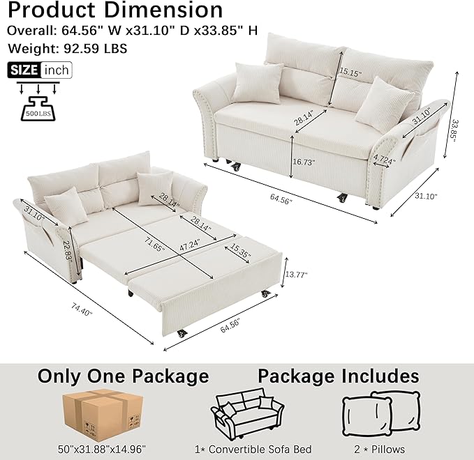 64 Queen Pull Out Futon Sofa Bed with USB Ports 3-in-1 Modern Convertible Sleeper Sofa with Side Pocket ＆ Rivets Comfy Corduroy Loveseat Couch for Living Room Bedroom Apartment (Queen White)