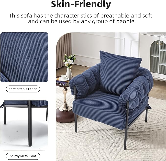Modern Velvet Accent Chairs Set of 2 Comfy Large Living Room Sofa Chair Upholstered Fabric Armchair with Pillow and Metal Legs for Office/Bedroom/Reading Blue