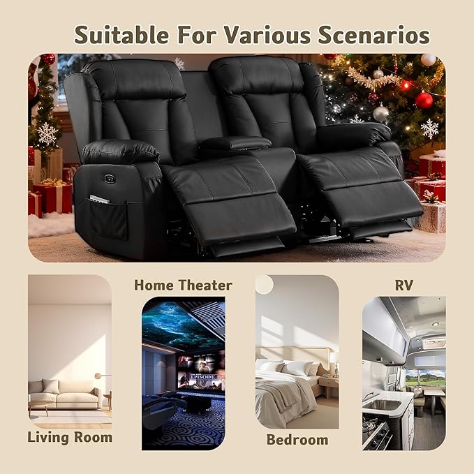 66 Power Loveseat Recliner Sofa with Console RV Reclining Couch with Cup Holders/LED Lights/USB and USB-C Wall Hugger Loveseat Recliners Home Theater Seating for Living Room (Black)
