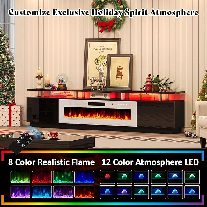 AMERLIFE 90 2 Tier Fireplace TV Stand with 50 Fireplace Modern Large Entertainment Center LED Lights Media Console Table Storage Cabinet for TVs Up to 100 Living Room Black &amp White