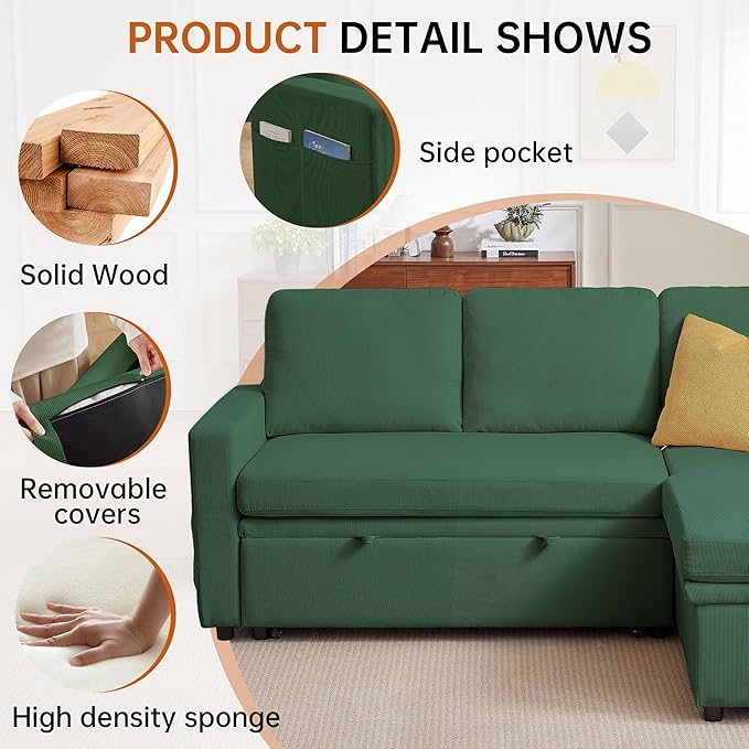 79 Sleeper Sofa Bed 3-in-1 Convertible Sofa Pull Out Couch with Storage | Reversible Chaise | L Shaped | Layered Storage | 3-Seater Comfy Sectional Couch Pullout Bed for Living Room