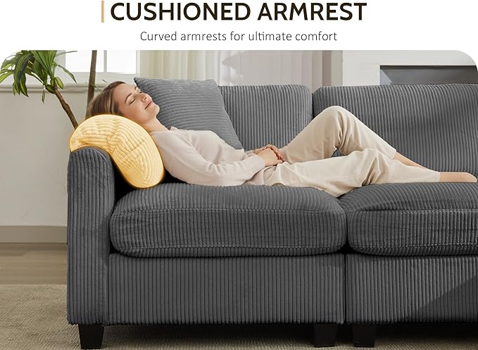 DRMBOOK 140.6'' U Shaped Modular Sectional Cloud Couch Comfy Corduroy 7 Seater Sofa with Curved Armrest Modern Deep Seat Sofa for Living Room (Grey 6 Seat+1 Corner+2 Ottoman)