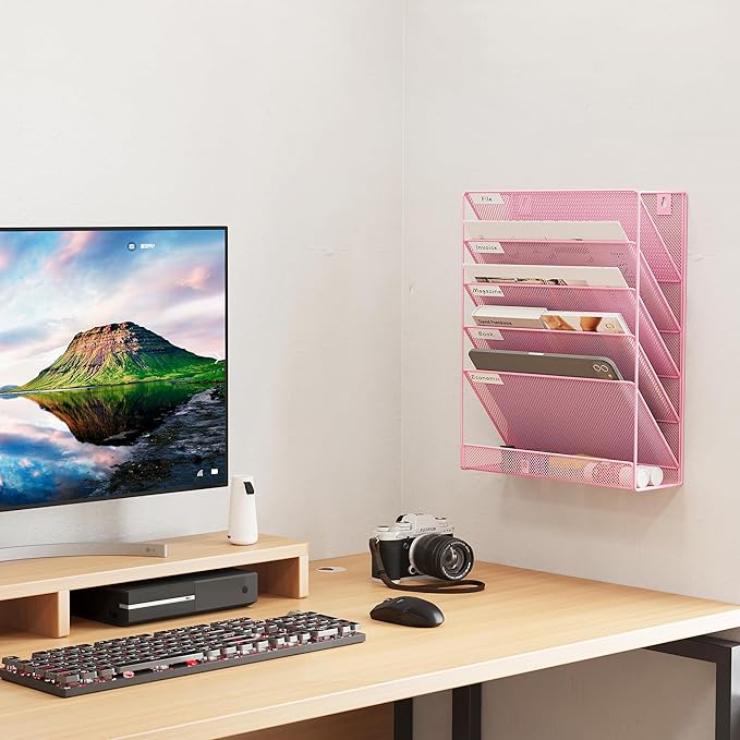 EasyPAG 5 Tier Wall File Holder Mesh Hanging Folder Organizer with Classify Label Versatile Desk File Holder Vertical Wall Mounted Mail Organizer for Office Home Cubicle Pink