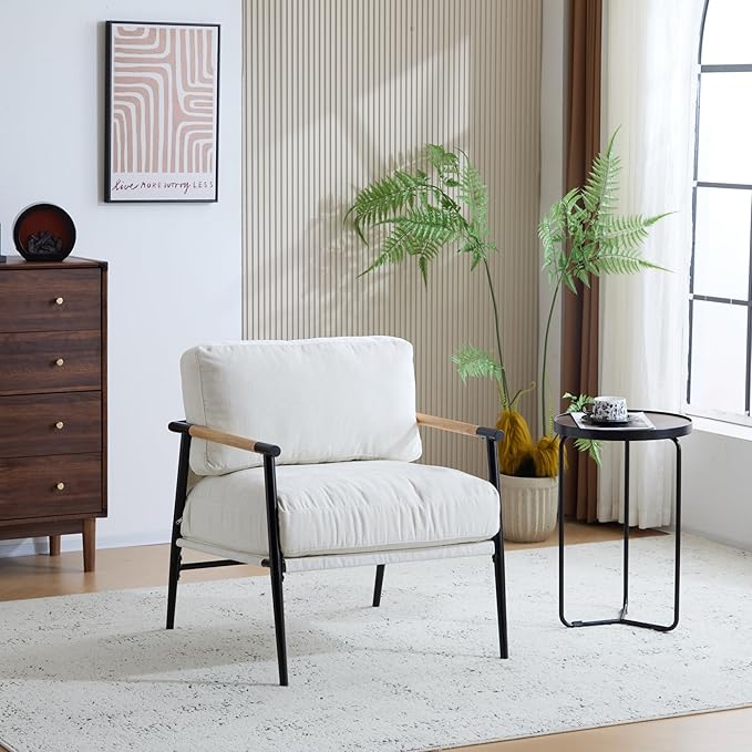 Modern Accent Chair Lounge Arm Chair Upholstered Armchair with Plush Cushions Single Chairs with Metal FrameWooden Armrest - Perfect for OfficeLiving RoomBedroomWhite