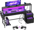 REAHOME 61 Inch Gaming Desk with Charging Station and LED Lights Reversible Computer Desk with Storage Drawer and Monitor Stand Modern Desk Table with File Cabinet &amp Side Pocket Carbon Fiber Bl