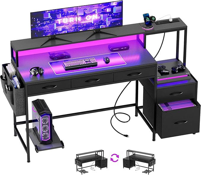 REAHOME 61 Inch Gaming Desk with Charging Station and LED Lights Reversible Computer Desk with Storage Drawer and Monitor Stand Modern Desk Table with File Cabinet &amp Side Pocket Carbon Fiber Bl