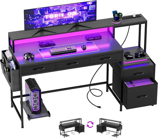 REAHOME 61 Inch Gaming Desk with Charging Station and LED Lights Reversible Computer Desk with Storage Drawer and Monitor Stand Modern Desk Table with File Cabinet &amp Side Pocket Carbon Fiber Bl