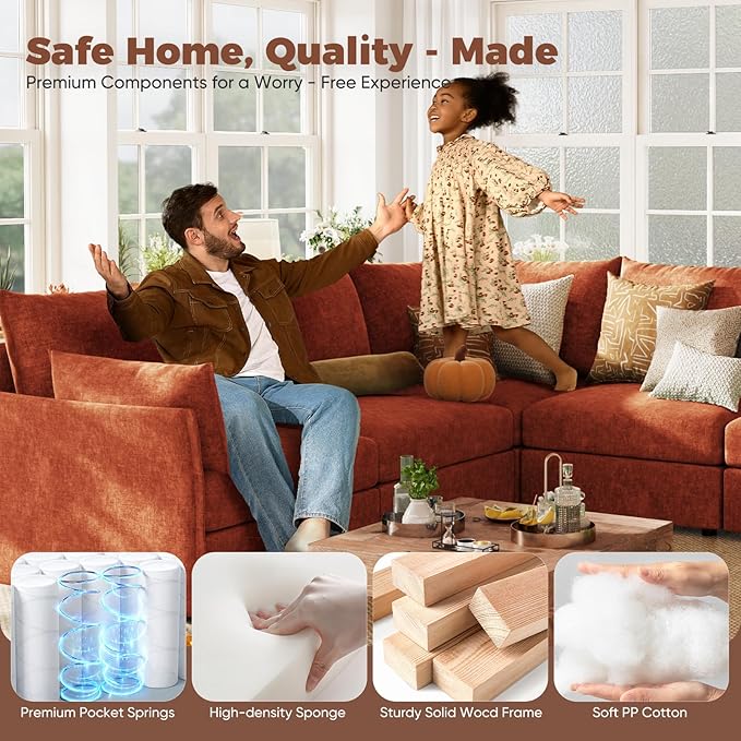 ABCASA L-Shaped 4-Seater Modular Sectional Sofa with Movable Storage Ottoman Comfy Cloud Couch Set in Terracotta Orange Chenille for Living Room