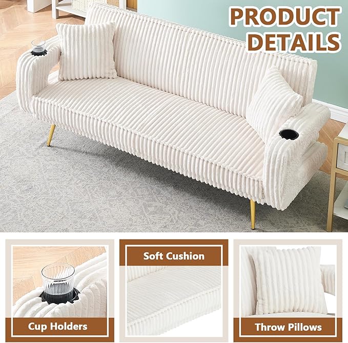 70 Beige Futon Couch Bed Sofa Comfortable Futon Loveseat with Cupholders &amp Arms Convertible Fouton Sofas with Adjustable Backrest &amp Pockets for Small Spaces Living Room Bedroom Dorm (White)