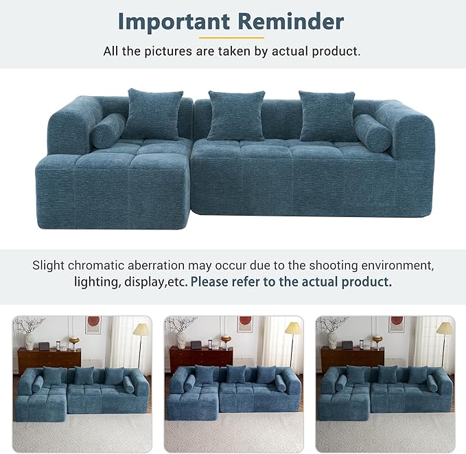 101.2 Sectional Sofa Full-Compressed Sofa Modular Sofa Couch Free-Combined with Deep Seating and Two Side Pockets for Living Room (Blue@90)