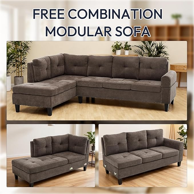 Modular Sectional Sofa with Cup Holders L Shaped Sectional Couch with Chaise and Adjustable Backrest Modern Linen Fabric Couch for Living Room Apartment Small Space Brown
