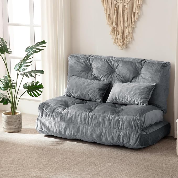Folding Sofa Bed Convertible Sleeper Chair with Pillow Foldable Mattress with Back Support Portable Fold Out Chair Bed Comfy Floor Sofa Lounge for Living Room Bedroom Dark Gray Full 80x54 Inch