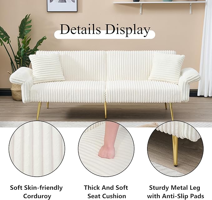 White 79 Convertible Futon Sofa Bed with Adjustable Backrest &amp Armrests Modern Corduroy Folding Loveseat Sleeper Couches with Two Soft Pillows for Living Room Apartment Office (White)