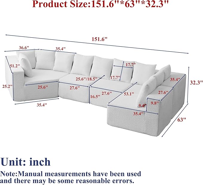 KEIKI 151.6 Extra Large L-Shaped Sofa Chenille Sectional Cloud Couch with 11 Pillows Curved Boneless Sofa for Living Room Guest Bedroom Beige