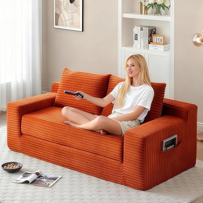 73 Convertible Sofa Bed Pull Out Boneless Loveseat Sleeper Sofa Corduroy Foldable Couch Bed with Storage Bag No Assembly Couch in a Box for Living Room Apartment (Orange)