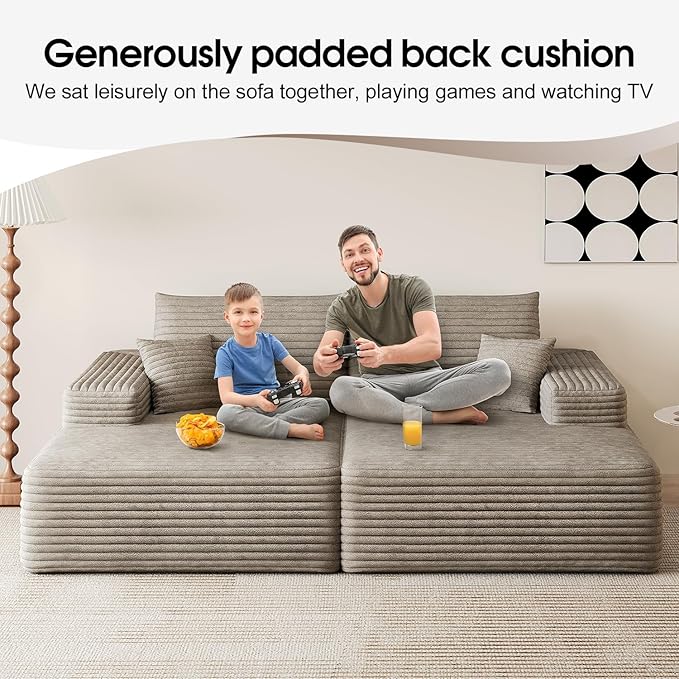80.3''Oversized Double Lounge Chaise Sofa Bed Boneless Cloud Couch Deep Seat No Assembly Required Modern Corduroy Sleeper Loveseat Chair for Living Room Bedroom Reading (Camel)