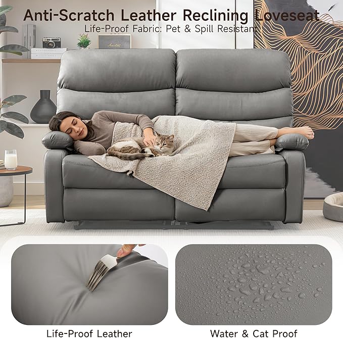 Reclining Loveseat Leather Double Recliner Sofa with Side Pocket Wall Hugger Loveseat Recliner for Living Room RV Home Theater(Grey)