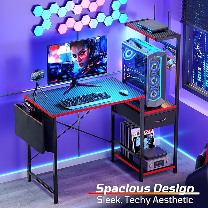 Bestier Gaming Desk with Drawer 44 Inch Small Computer Desk with PC Shelf Gaming Table with LED Lights for Small Spaces Reversible Gamer Desk with Storage Bag &amp Side Hook Black-RED