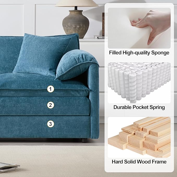 103.5 L Shaped Modern Cloud Sofa Modular Sectional Couch with Ottoman 4-Seat Chenille Deep Seat Sofa with Pillow for Living Room Bedroom and Apartment Blue
