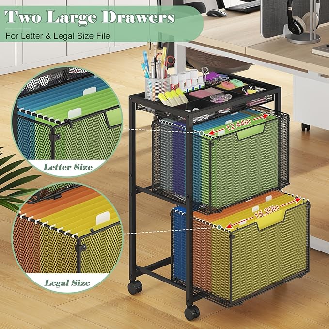 Rolling File Cart with 2 Drawers Under Desk Storage Cabinet with DIY Divider Letter/Legal Mobile Filling Cabinet on Wheels Hanging File Folders Organizer Metal Utility Cart for Home Office Black