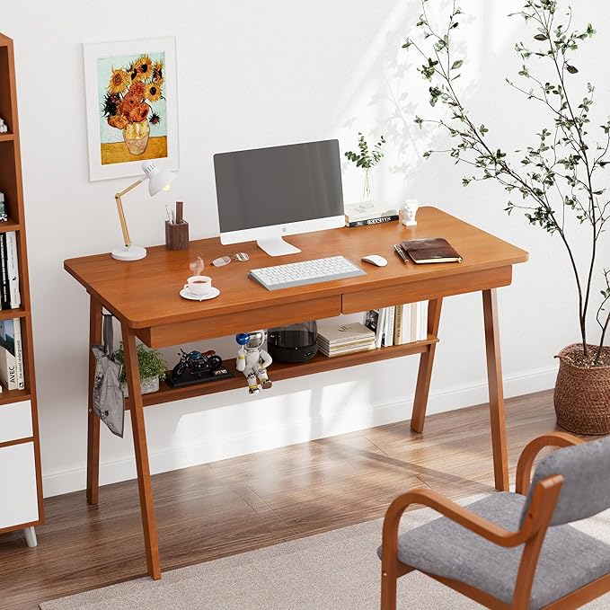 Solid Wood Desk with Drawers - 47.2 Inch Mid Century Modern Desks Writing Desk with Storage Shelf Home Office Desks for Bedroom &amp Home Walnut Color