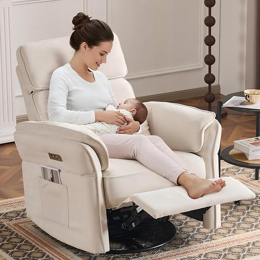MELLCOM Power Recliner Rocking Chair Nursery Gliders with Adjustable Armrests and Headrest Swivel Electric Glider Reclining Nursing Chair with Storage Bags and USB Port FSC CertifiedBeige Fabric