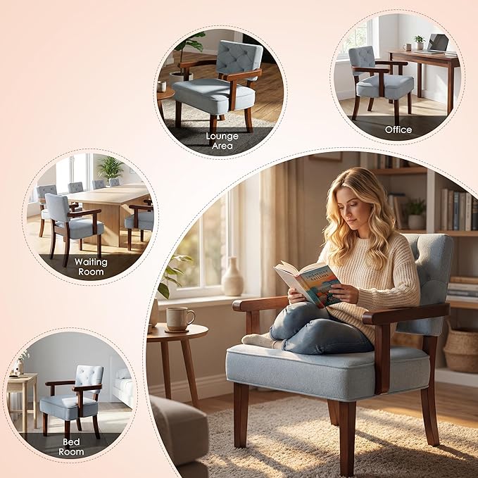 Modern Accent Chairs Set of 2Butacas para SalaMid Century Small Arm ChairUpholstered Wooden Chairs with Arm RestTufted BackrestCushion for OfficeWaiting/Reading/Living Room Light Blue