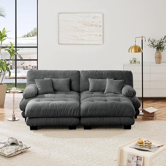 Cloud Couch Modular Sectional Sofa Loveseat U Shaped Couch with Ottoman Sectional Couches for Living Room Oversized Deep Seat Sofa with Round Bolster Armrests 4 Pillows Gray