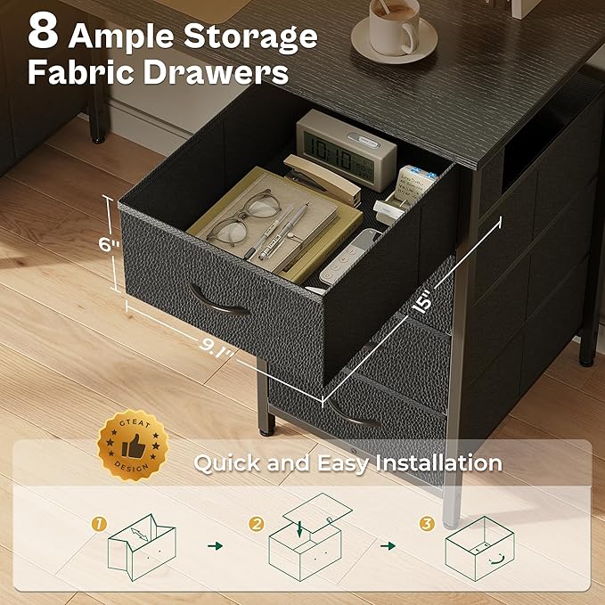 Huuger 47 Inch Computer Desk with 8 Fabric Drawers Office Desk Work Desk for Home Office Study Gaming Desk with Drawers Large Storage Black