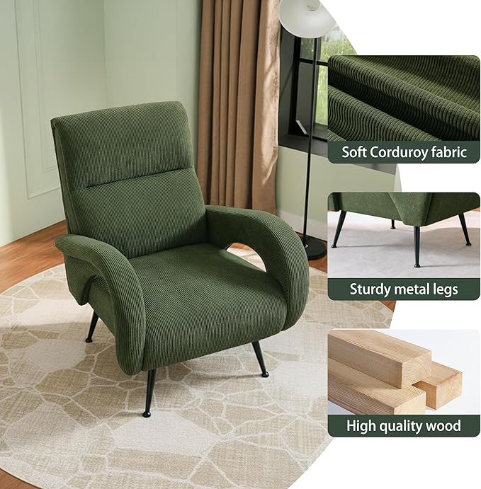 Modern Accent Chair Reading Chair with Corduroy Fabric Upholstered and Hight Backrest Single Sofa Chairs for Living Room Apartment Bedroom and Small Spaces. (Green)