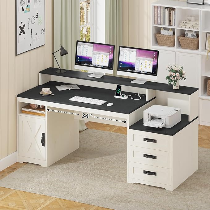 TVU Farmhouse Computer Desk with Drawers 65'' Home Office Desk with Power Outlets Storage Cabinet and Printer Stand Study Writing Desks with Long Monitor Stand Black and White
