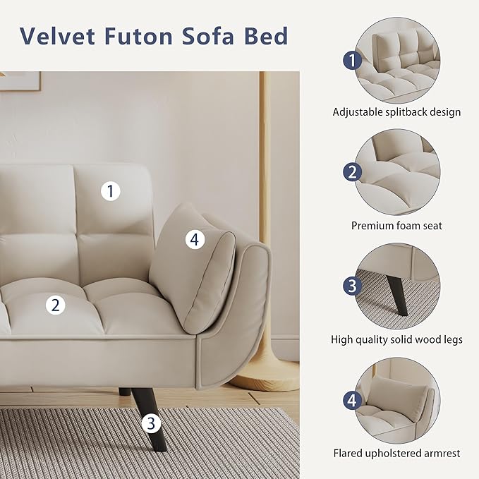 Olela Futon Sofa Bed Convertible Sleeper Couch 74 W Modern Velvet Loveseat with Adjustable Backrests and Solid Wood Legs for Living Room Bedroom Small Space (Beige)