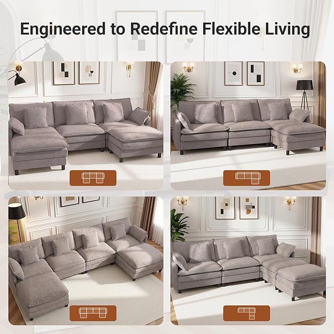 110 U-Shaped Modular Sectional Couch Modern Cloud Couch with Ottoman 5-Seat Chenille Sofa with Pillows Deep Seat Comfy Couch for Living Room Bedroom Light Grey