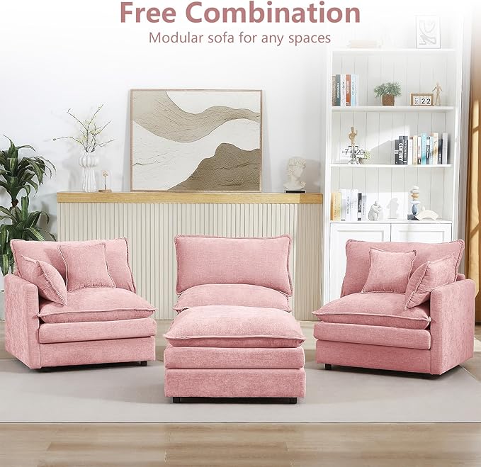 GNIXUU 102 Modular Sectional Sofa L Shaped Cloud Couch with Movable Ottoman &amp 4 Pillows Deep Seat Chenille 4 Seater Sectional Couches for Living Room Apartment (Pink)