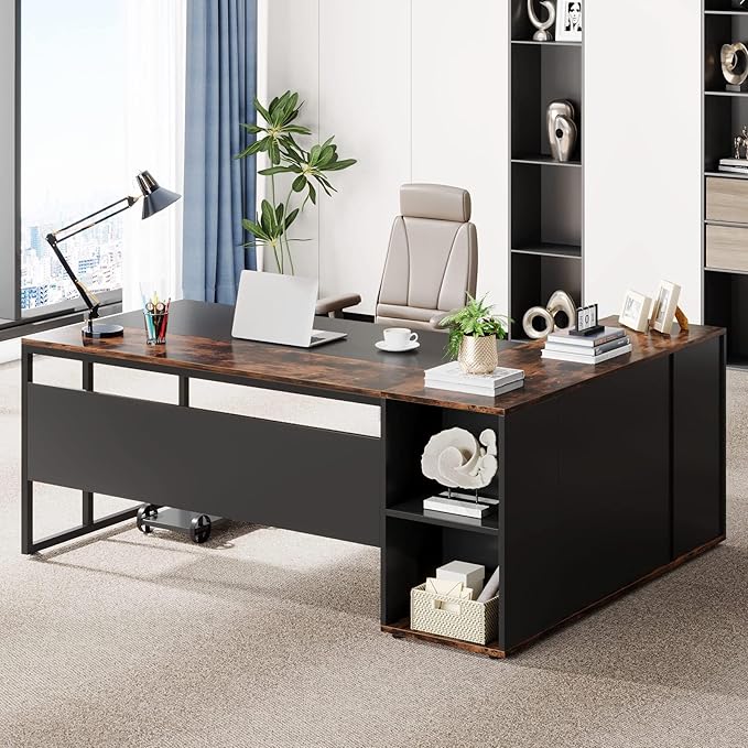LITTLE TREE Large Computer Desk with File Cabinet 71 inch Executive Desk L Shaped Office Desk Business Furniture Desk Workstation for Home Office Brown