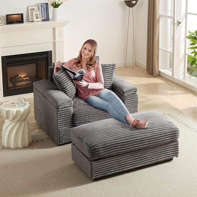 Chaise Lounge Chair Indoor 44 Inch Comfy Corduroy Sectional Cloud Couch Upholstered Single Sofa w/Movable Ottoman for Living Room Bedroom Apartment Grey