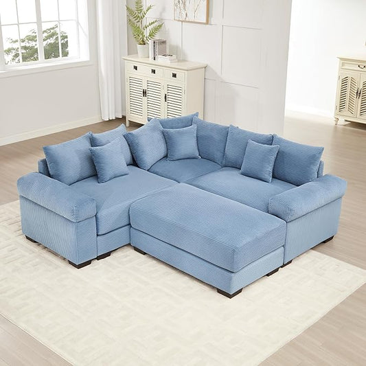 92 Modular Section 2 Seater L-Shaped Corner Sofa with Ottoman Convertible Modern Corduroy Couch with Wide Armrest and Deep Seat Solid Wood Frame Boneless Sofa with 10 Pillows Blue