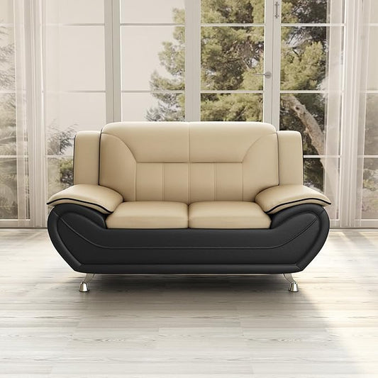 Michael Modern Faux Leather Upholstered Stainless Steel Legs Living Room Loveseat Black Camel