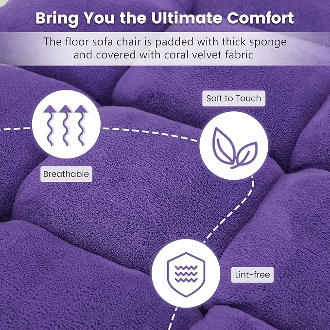 Moccha 14-Position Floor Chair Folding Sofa Chair with Back Support Memory Foam Floor Gaming Chairs for Adults Adjustable Padded Couch Recliner Sleeper Bed for Reading Meditating Purple