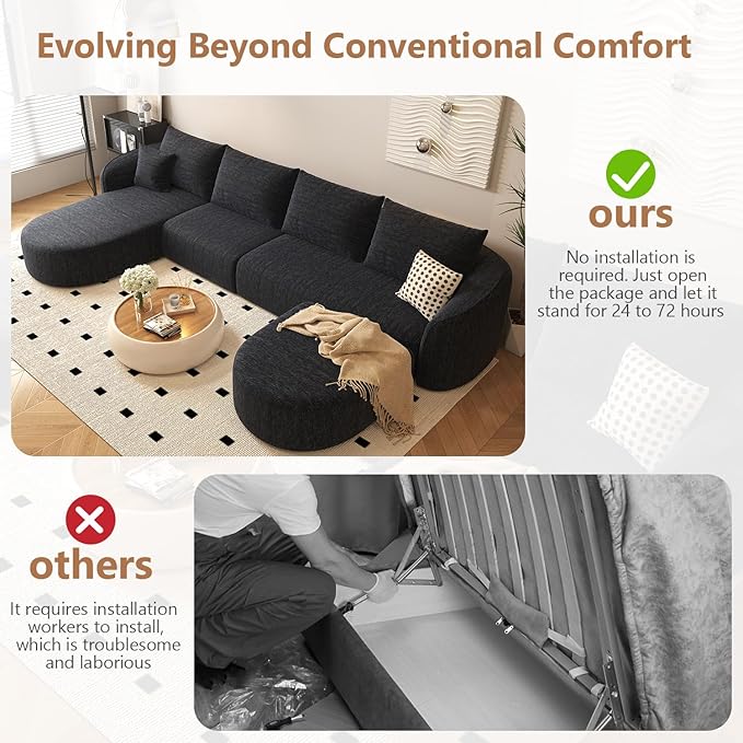 138.6 U Shaped Modern Modular Sectional Curved Back Sofa with Ottoman Minimalist Style Comfy Cloud Couch for Living Room Apartment No Assembly Required Boneless Couches (BlackLeft Facing Chaise)
