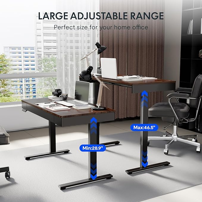 FLEXISPOT Q5 Standing Desk with Drawer 48 x 24 Inch Electric Adjustable Height Stand Up Desk with Storage Organizer Whole Piece Wooden Desktop for Home Office Computer Workstation Dark Walnut