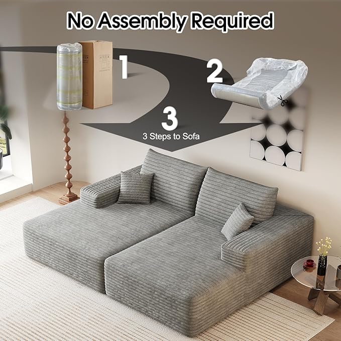 80.3''Oversized Double Lounge Chaise Sofa Bed Boneless Cloud Couch Deep Seat No Assembly Required Modern Corduroy Sleeper Loveseat Chair for Living Room Bedroom Reading(Grey)