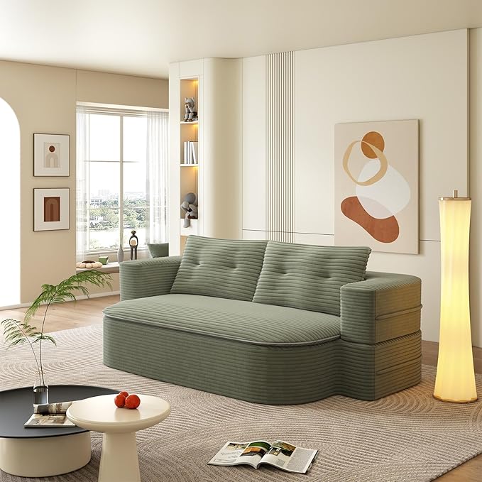 78.7 W Convertible Folding Sofa Bed Corduroy Futon Loveseat Sleeper Couch Bed with Blanket Full Size Compression Foam Floor Couch Boneless Foldable Mattress for Living Room Bedroom Green